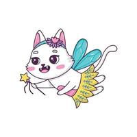 Lindo gato hada de dibujos animados con varita mágica en tutú de bailarina volando en estilo garabato aislado en fondo blanco vector