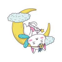 Cute cartoon cat fairy with magic wand sleeping on the moon in doodle style isolated on white background vector