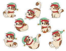 paquete de lindo gato de dibujos animados en traje de duende navideño en diferentes poses se juega aislado sobre fondo blanco vector