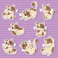 Bundle of stickers of cute cartoon cat in different poses is played vector kitten characters isolated on white background