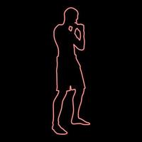 Neon fighter in fighting stance man doing exercises sport action male workout silhouette side view icon red color vector illustration image flat style