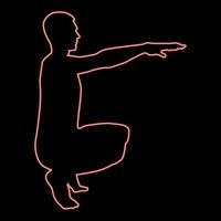 Neon crouching man doing exercises crouches squat sport action male workout silhouette side view icon red color vector illustration image flat style