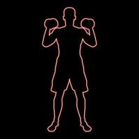 Neon man doing exercises with dumbbells sport action male workout silhouette front view icon red color vector illustration image flat style