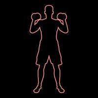 Neon man doing exercises with dumbbells sport action male workout silhouette front view icon red color vector illustration image flat style