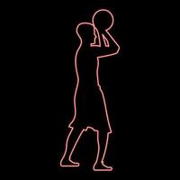 Neon basketball player throws a basketball man shooting ball side view icon red color vector illustration image flat style