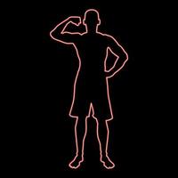 Neon bodybuilder showing biceps muscles bodybuilding sport concept silhouette front view icon red color vector illustration image flat style