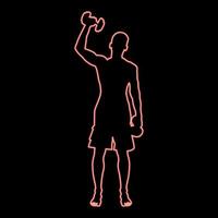 Neon man doing exercises with dumbbells sport action male workout silhouette front view icon red color vector illustration image flat style