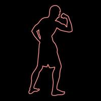 Neon bodybuilder showing biceps muscles bodybuilding sport concept silhouette side view icon red color vector illustration image flat style