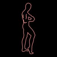 Neon posing bodybuilder silhouette bodybuilding concept icon red color vector illustration image flat style