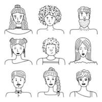 Big set of people avatars for social media, website. Doodle portraits fashionable girls and guys. Trendy hand drawn icons collection. Black and white vector illustration