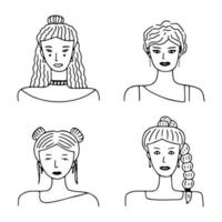 Set of women avatars for social media, website. Doodle portraits fashionable girls. Trendy hand drawn icons collection. Black and white vector illustration