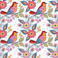 Cute red bird on branch with flowers seamless pattern. vector