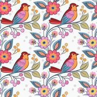 Cute red bird on branch with flowers seamless pattern. vector