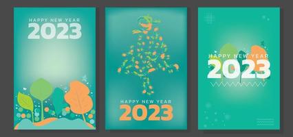 conjunto de carteles de feliz año nuevo. logotipo tipográfico 2023 para celebración vectorial y decoración de temporada, banner de fondos verdes florales. vector