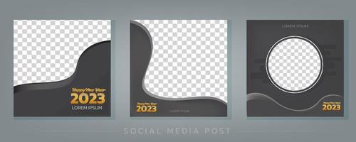 Modern square black banner with space for images. Set Of Happy new year 2023 socmial edia post template design vector