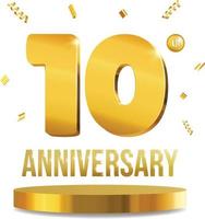 feliz aniversario celebracion 3d numeros dorado composicion 10 años vector