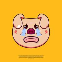 lindo emoticono de ilustración de emoji de cabeza de cerdo triste. dibujos animados de diseño plano vector