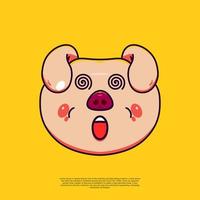 lindo emoticono de ilustración de emoji de cabeza de cerdo mareado. dibujos animados de diseño plano vector