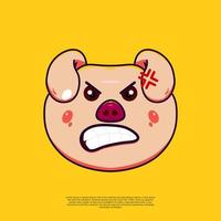 Emoticon de ilustración de emoji de cabeza de cerdo lindo enojado. dibujos animados de diseño plano vector