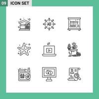 Set of 9 Modern UI Icons Symbols Signs for video starfish ad star beach Editable Vector Design Elements