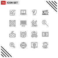 Universal Icon Symbols Group of 16 Modern Outlines of computer office laptop workstation power Editable Vector Design Elements