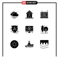 9 Thematic Vector Solid Glyphs and Editable Symbols of development computer laptop shield energy Editable Vector Design Elements