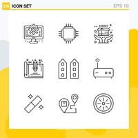 Pack of 9 Modern Outlines Signs and Symbols for Web Print Media such as buildings home equipment estate tools Editable Vector Design Elements