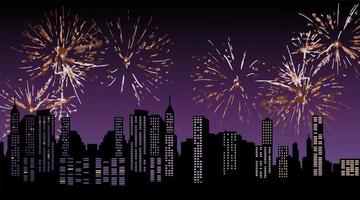 New Years' Eve Background Scene with City Skyline and Fireworks. Vector Illustration