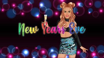 New Years' Eve Female Character with Background. Vector Illustration