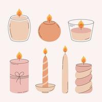 Set of modern decorative burning candles. Wax candles for home aromatherapy, relax and spa. vector