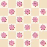 Abstract groovy cute flowers seamless pattern on checkered background in retro hippie style. vector