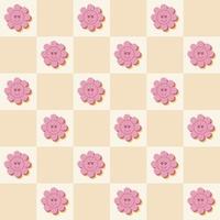 Abstract groovy cute flowers seamless pattern on checkered background in retro hippie style. vector