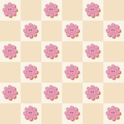 Abstract groovy cute flowers seamless pattern on checkered background in retro hippie style.