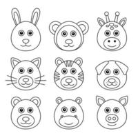 Set of outline cute heads zoo animals. cat, bear, hippo, rabbit, tiger, giraffe, monkey, dog, pig. vector