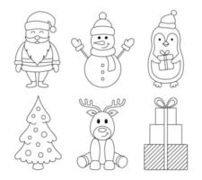 Set of Christmas outline characters, symbols and decorative elements. Santa Claus, snowman, reindeer, penguin, tree, gift boxes. vector