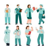 conjunto de personajes de dibujos animados de médicos y enfermeras con varias poses. concepto de equipo de personal médico en el hospital. ilustración vectorial personajes médicos permanentes de médicos y enfermeras. vector