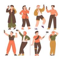 multitud de hombres y mujeres jóvenes sosteniendo teléfonos inteligentes y tomando selfie. grupo de personajes de dibujos animados masculinos y femeninos con teléfonos móviles. ilustración vectorial plana. conjunto de varios personajes de pose selfie. vector