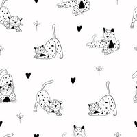 Seamless pattern with cats, hearts and flowers. Cats in different poses. Line cat. Illustration for printing on fabric, clothing, wrapping paper vector