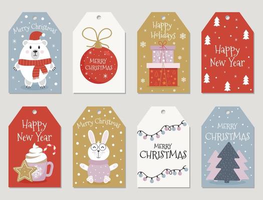 Set of Christmas gift cards or tags with an inscription. Merry Christmas and Happy New Year. Happy Holidays. Template for New Year, gift tag, planner, calendar, scrapbooking, stickers, invitations.