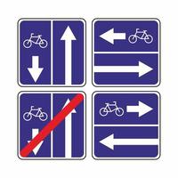 Traffic signs for cyclists set. Road bicycle sign of the direction of movement, prohibition of movement. Route for pedal bikes template. Vector illustration in flat style.