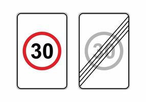 Traffic rules signs speed limit. Speed limit 30 on white background. Sign indicating the prohibition or rule. Vertical template. Vector illustration in flat style.