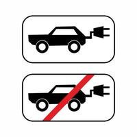 Traffic rules signs electric car. Electric car and no electric car sign on white background. Sign indicating the prohibition or rule. Horizontal template. Vector illustration in flat style.