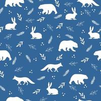 Animals winter seamless pattern. Christmas seamless pattern with bears, foxes, hares and winter branches and berries vector