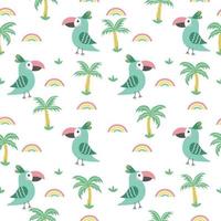 Cute birds seamless pattern. Parrot with palms and rainbow. Childish design for fabric, wrapping, textile, wallpaper, apparel. vector