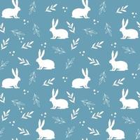 Seamless Pattern with bunny rabbits and floral element on blue background. Vector illustration.