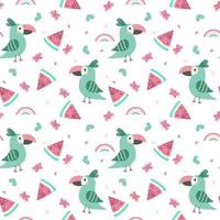 Parrot with butterflies, hearts and rainbow. Seamless funny pattern. Childish design for fabric, wrapping, textile, wallpaper, apparel. vector