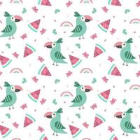 Parrot with butterflies, hearts and rainbow. Seamless funny pattern. Childish design for fabric, wrapping, textile, wallpaper, apparel. vector