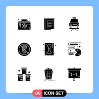 Set of 9 Vector Solid Glyphs on Grid for line restaurant car no diet Editable Vector Design Elements