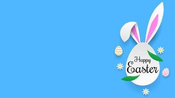 paper style happy easter greeting card with bunny ears, egg, flower and leaves with text space. suitable for banner, greeting card, poster, etc. vector illustration