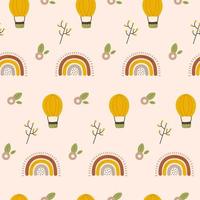 Seamless pattern of cute baby elements. Beige cartoon boho background with flower and rainbow. For textile, fabric, postcard, poster vector